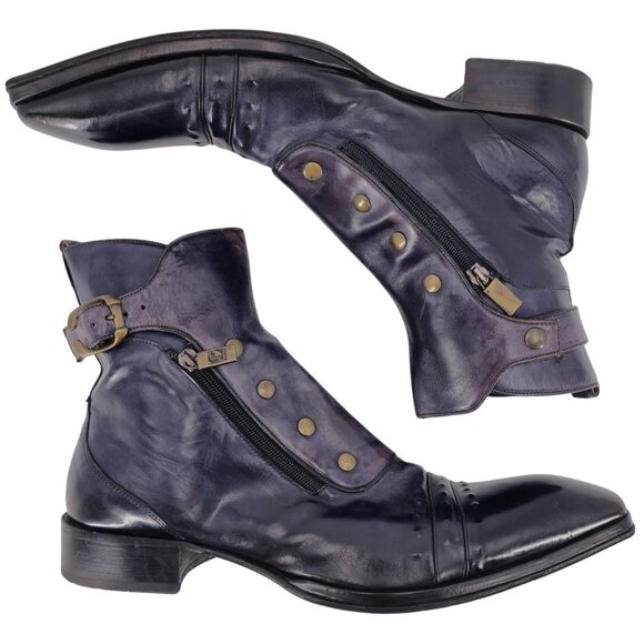 JO Ghost Navy Blue Leather Designer Zip Boots Mens 13 Italy Ankle Dress Shoes 46 - Picture 5 of 16